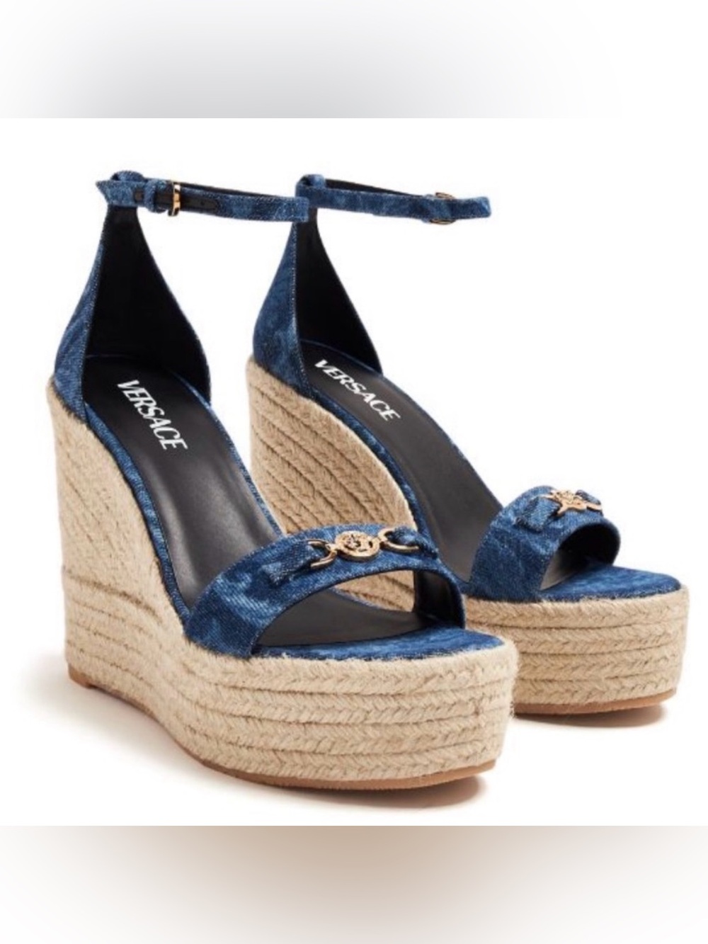 Versace Denim Blue Espadrille Wedge Sandals with Gold Medusa Accent